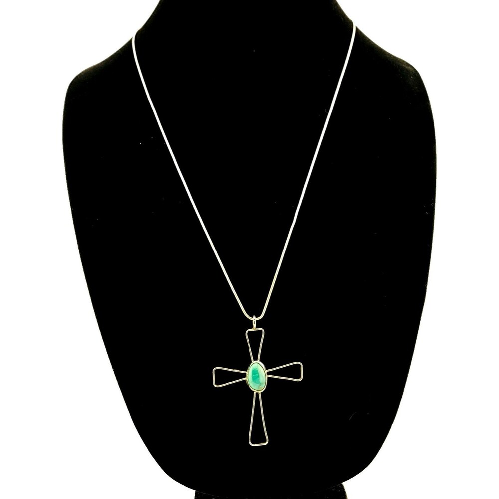 Large Modernist Sterling Silver Turquoise Cross Pendant Necklace Artisan Made - Picture 7 of 7